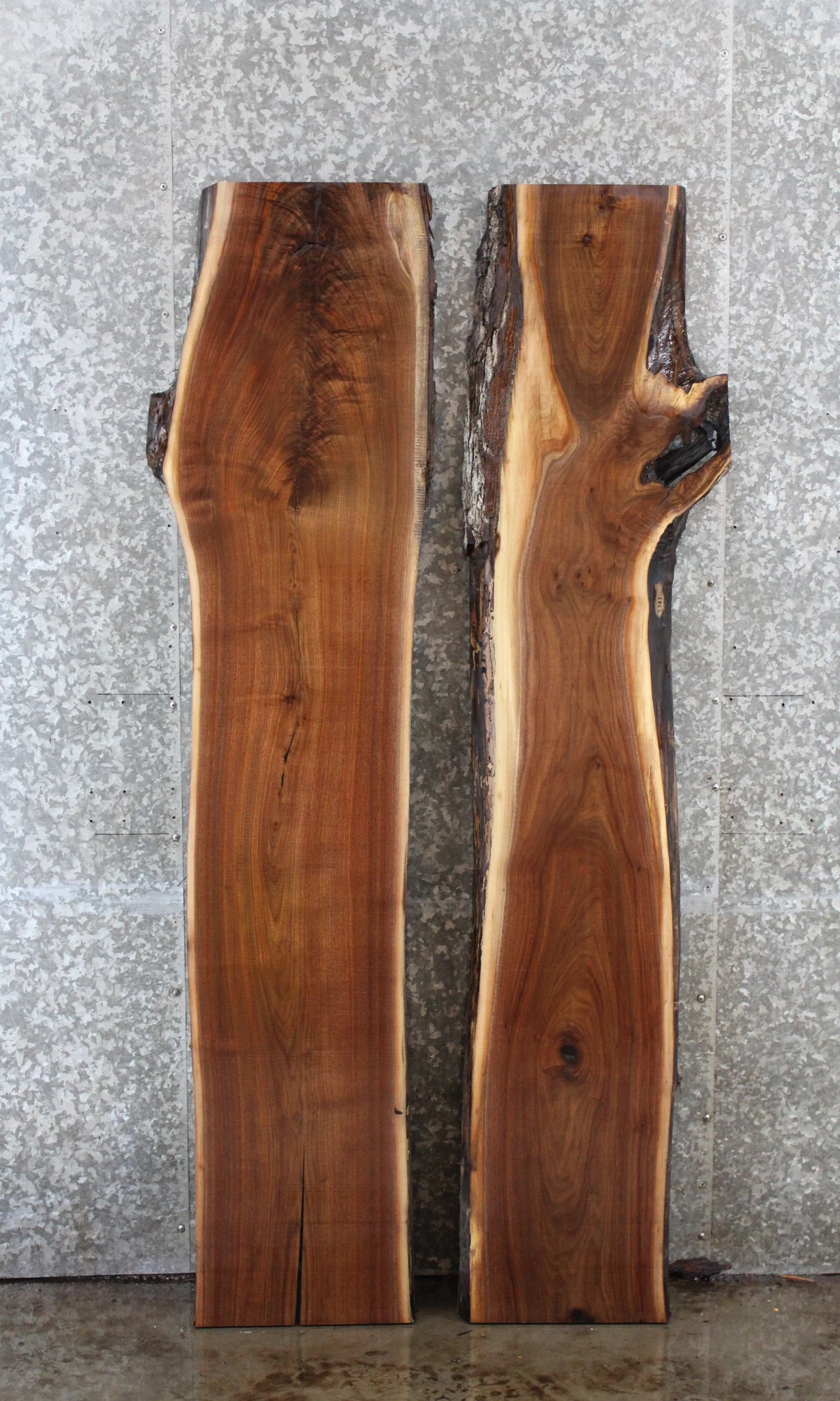 2- Salvaged Black Walnut Bookmatched Live Edge River Top 4386-4387